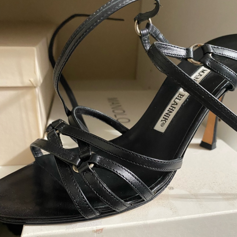 Manolo Blahnik black ankle wrap high heel sandals